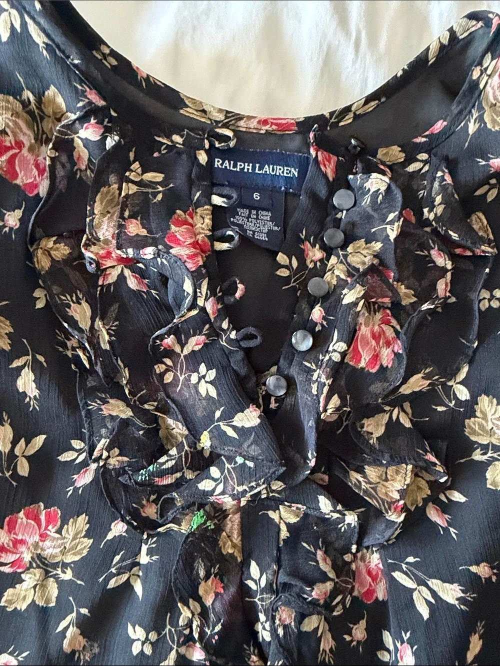 Ralph Lauren Black Floral Ruffle-Trim Dress